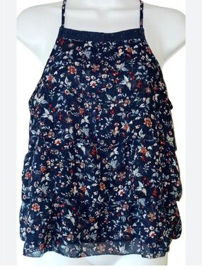 Abercrombie & Fitch Navy Floral Halter Tank with Red Flowers size Sm ruffles